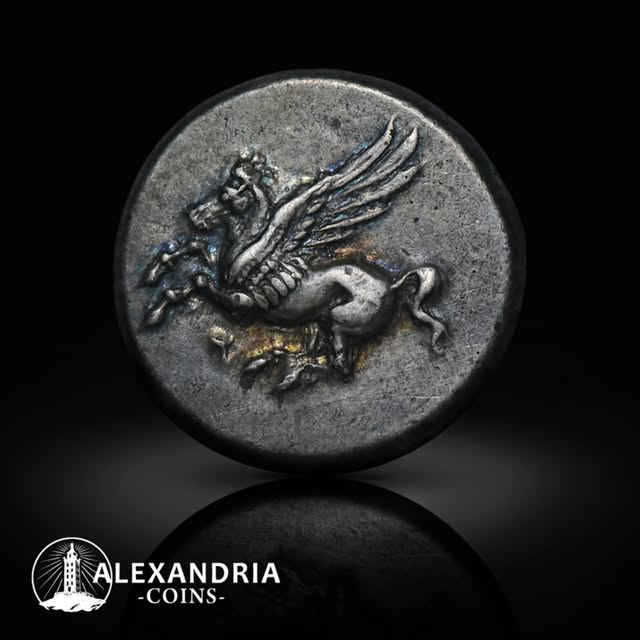 Ancient silver coin with Pegasus in flight