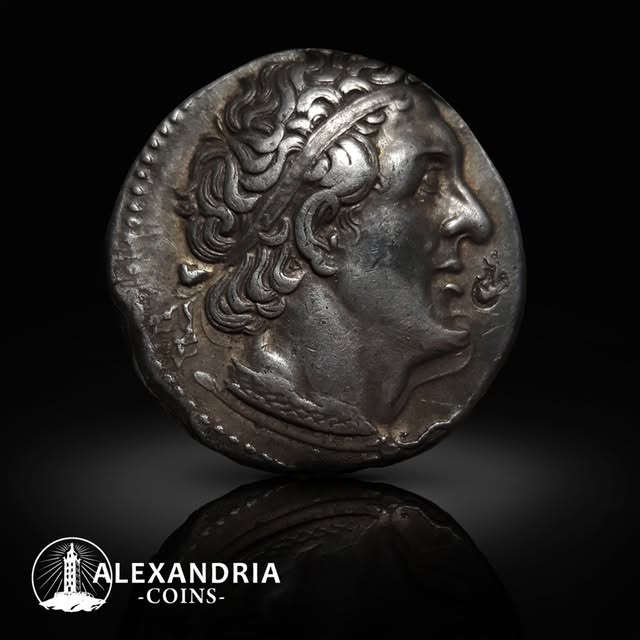 Ancient silver coin with a diademed Hellenistic portrait
